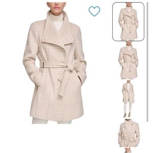 Calvin Klein wool blend beige plaid coat